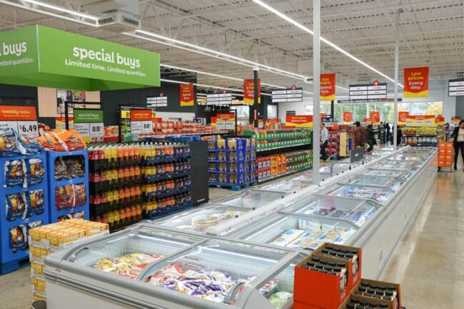 Frozen food section in a Save A Lot store