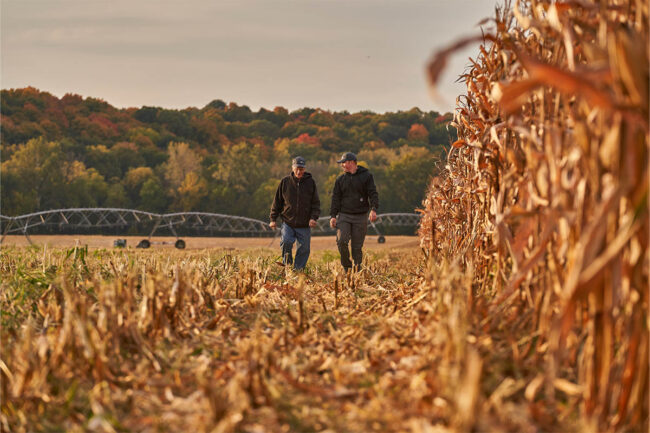 Farmers walking through field