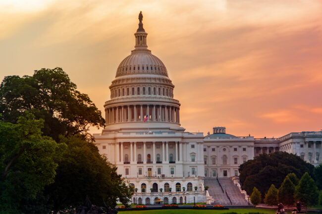 US Capitol building at sunset