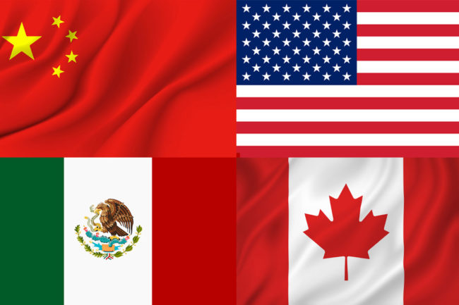 Flag collage representing China, United States, Mexico and Canada