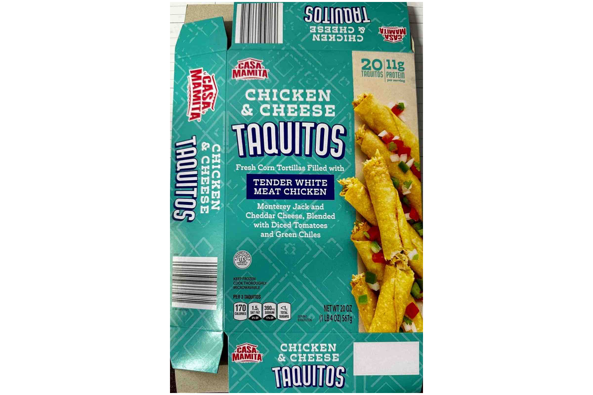 Label for recalled frozen chicken and cheese taquitos