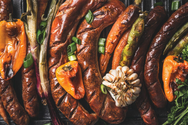 Grilled sausage with peppers and garlic